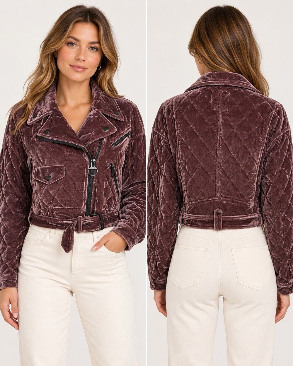 Avec Les Filles XS Mauve Velvet Quilted Moto Jacket Belted Cropped Biker